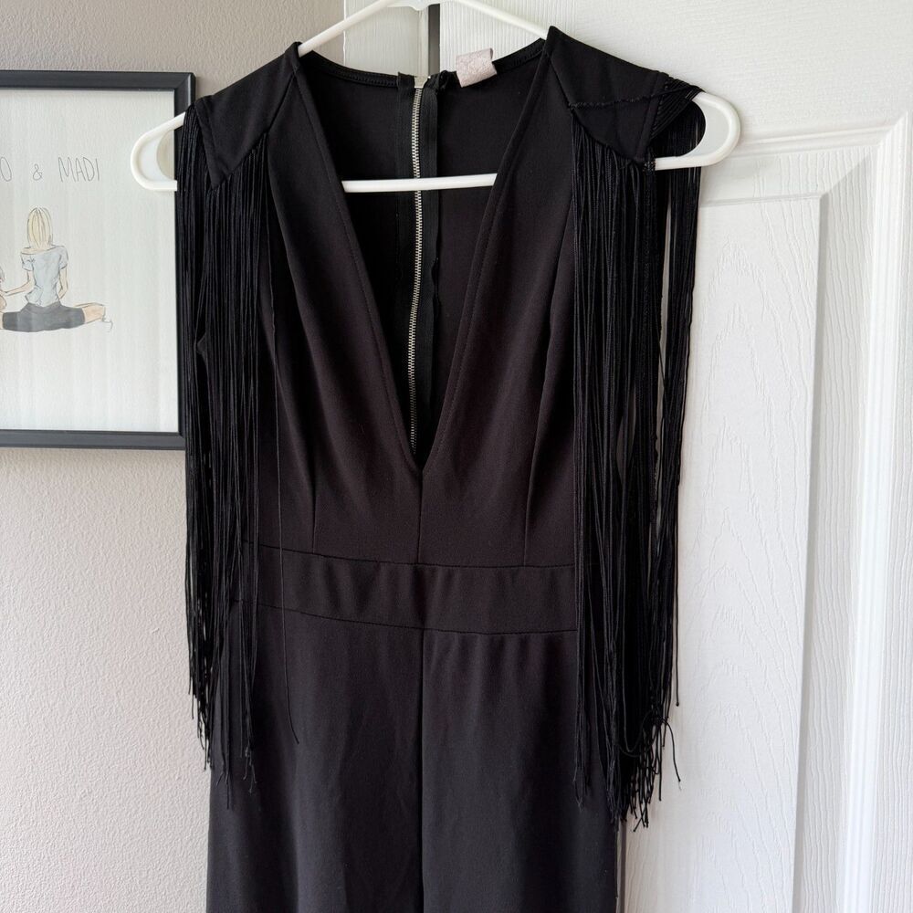 K Too Black Fringe Shoulder Jumpsuit